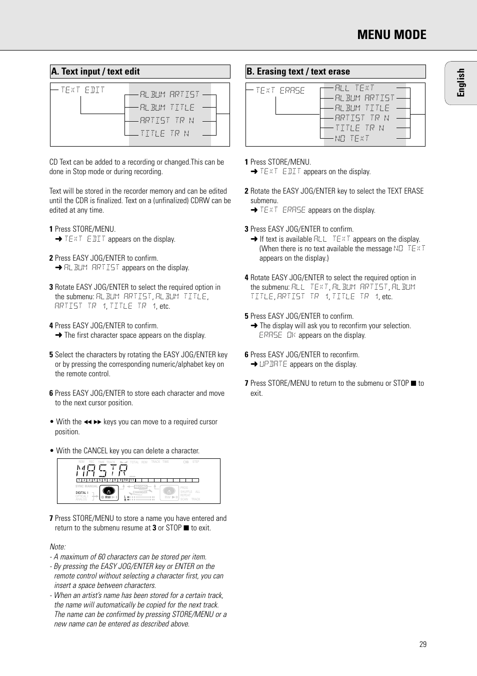 Menu mode, B. erasing text / text erase, A. text input / text edit | English | Philips CDR778BK99 User Manual | Page 23 / 27