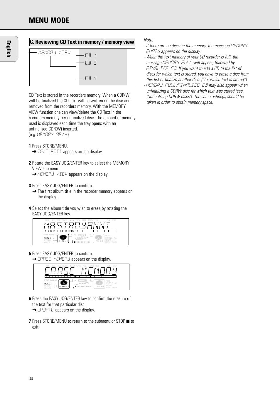 Menu mode, English | Philips CDR778BK99 User Manual | Page 24 / 27