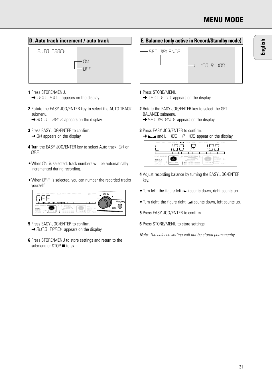 Menu mode, E. balance (only active in record/standby mode), D. auto track increment / auto track | English, Auto track on off | Philips CDR778BK99 User Manual | Page 25 / 27