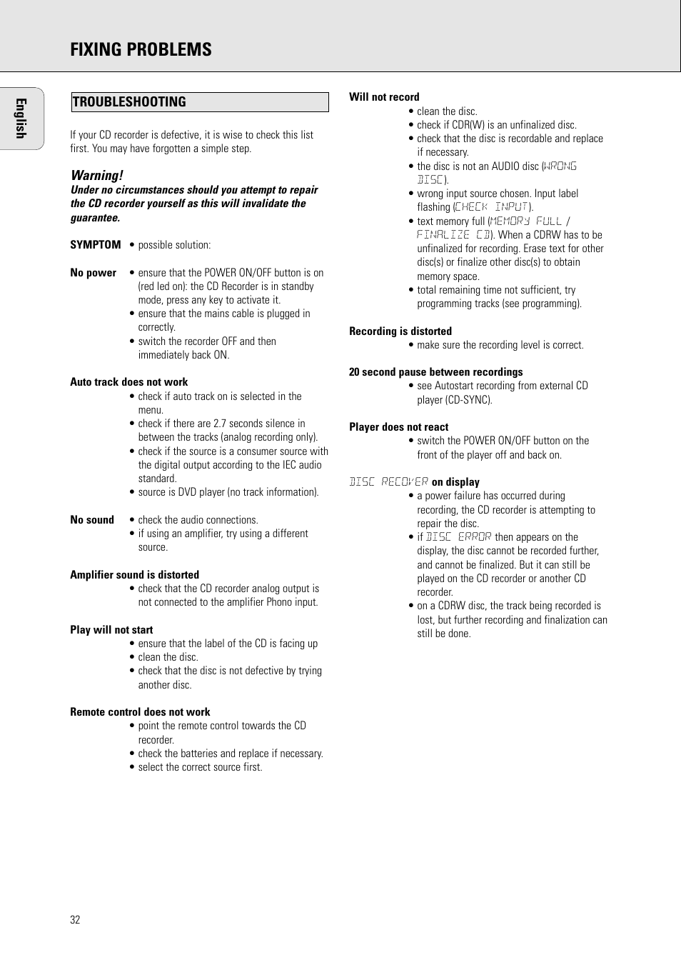 Fixing problems | Philips CDR778BK99 User Manual | Page 26 / 27