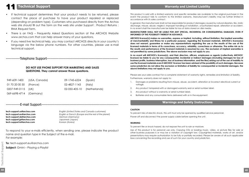 Technical support | ARCHOS Gmini200 User Manual | Page 23 / 24