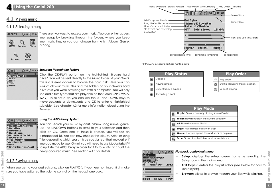 Using the gmini 200, Play status play order, Play mode | ARCHOS Gmini200 User Manual | Page 7 / 24