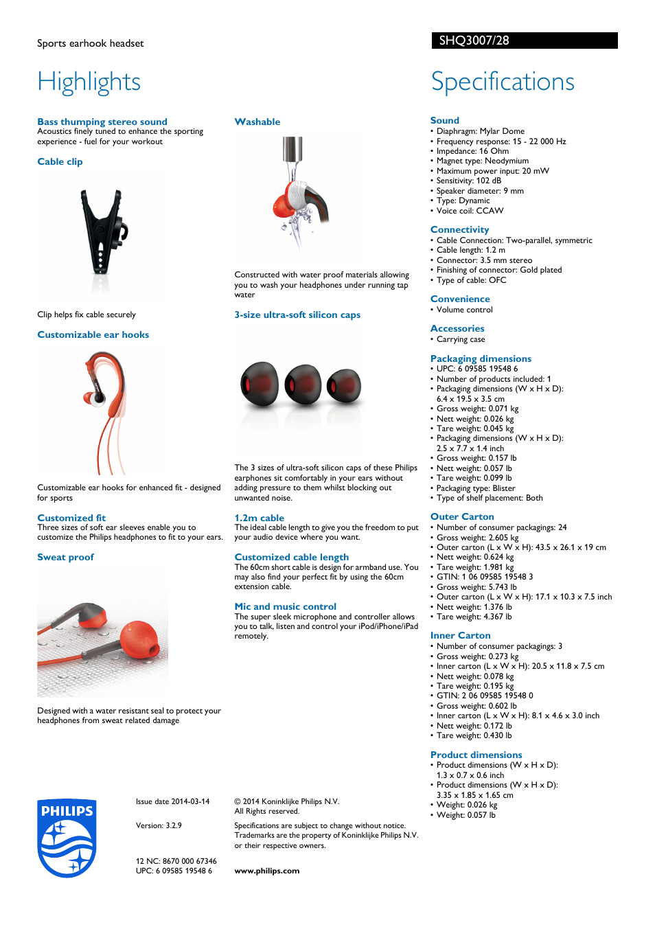 Highlights, Specifications | Philips SHQ3007-28 User Manual | Page 2 / 2