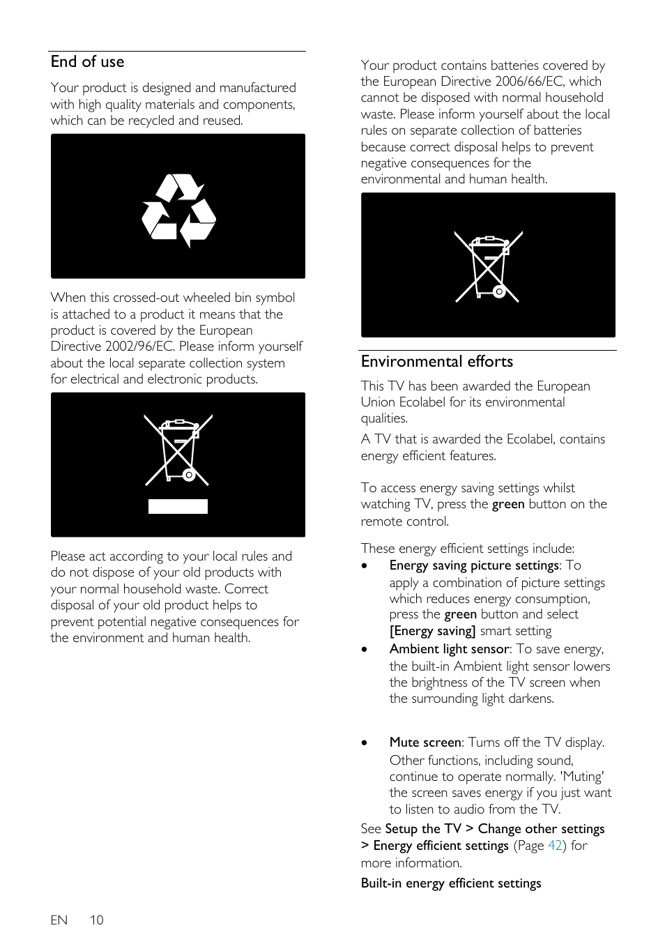 End of use, Environmental efforts, En 10 | Philips 40PFL7605H-12 User Manual | Page 11 / 74