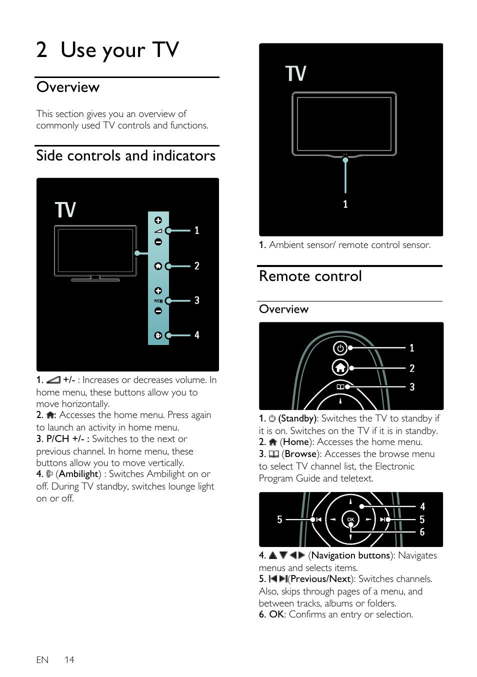 2 use your tv, Overview, Side controls and indicators | Remote control | Philips 40PFL7605H-12 User Manual | Page 15 / 74