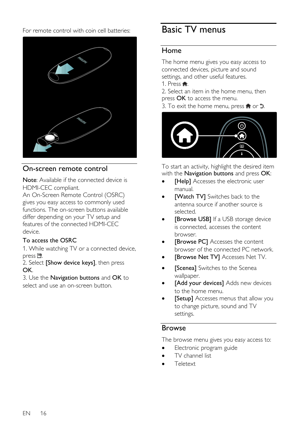 On-screen remote control, Basic tv menus, Home | Browse, For remote control with coin cell batteries | Philips 40PFL7605H-12 User Manual | Page 17 / 74