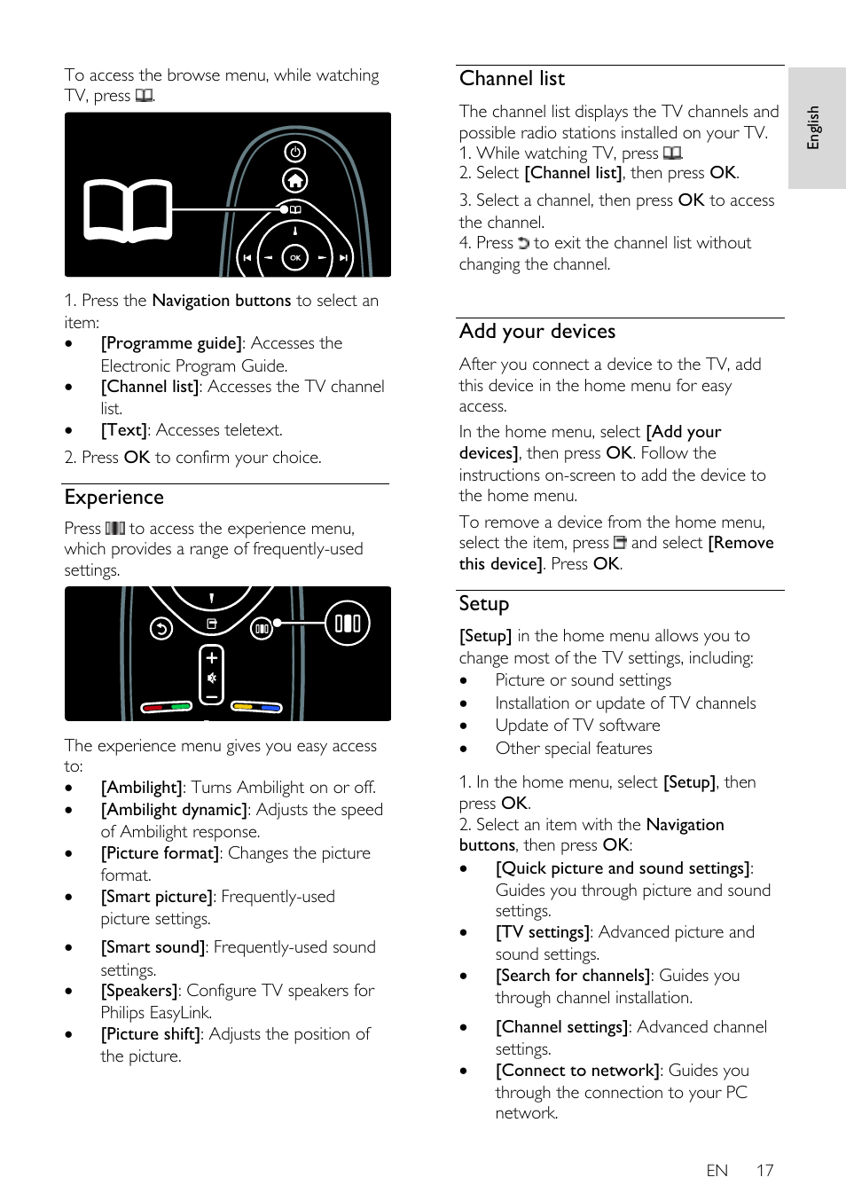 Experience, Channel list, Add your devices | Setup | Philips 40PFL7605H-12 User Manual | Page 18 / 74