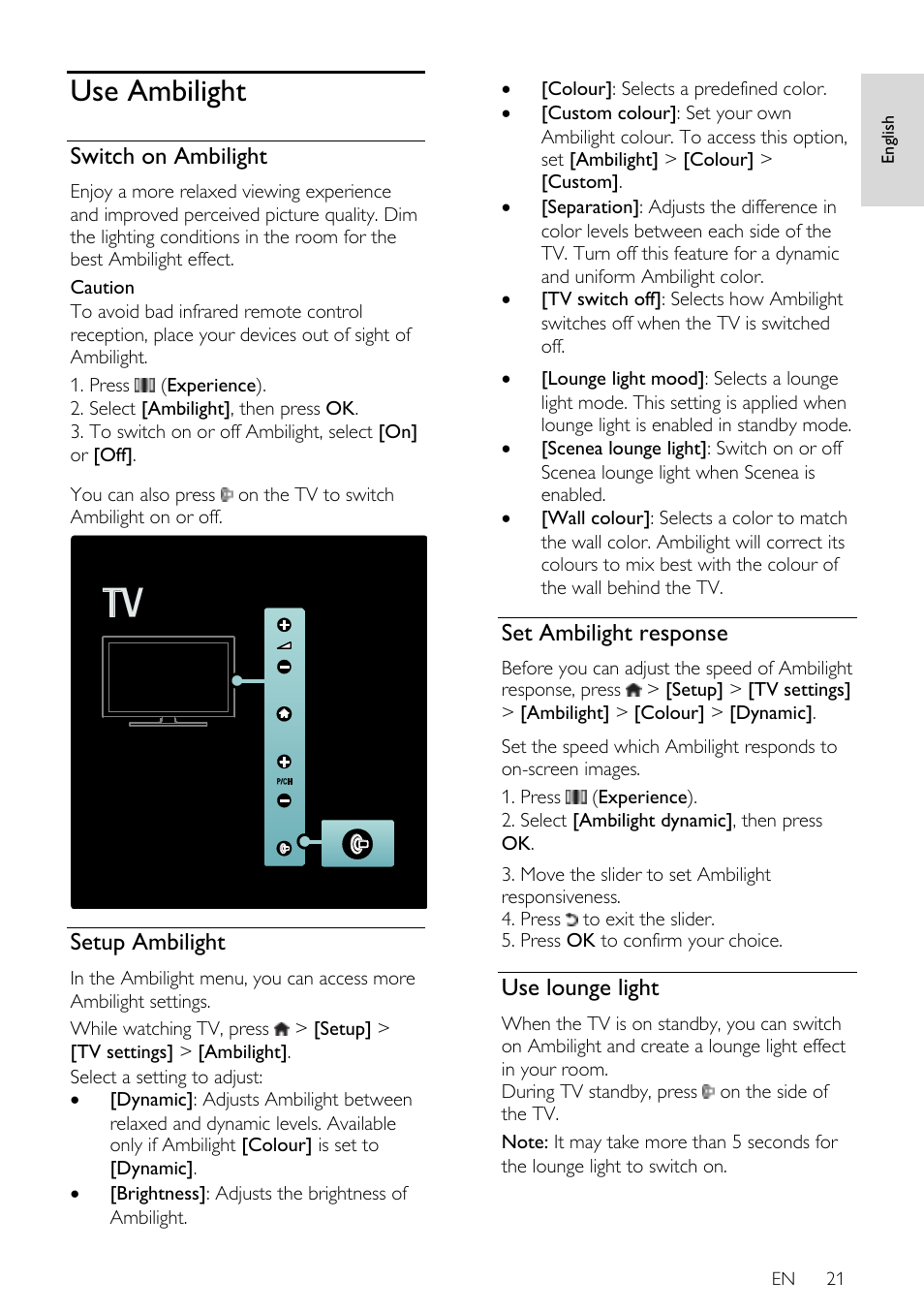 Use ambilight, Switch on ambilight, Setup ambilight | Set ambilight response, Use lounge light | Philips 40PFL7605H-12 User Manual | Page 22 / 74