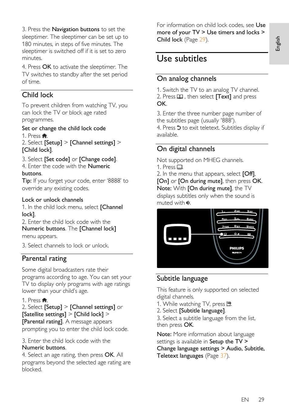 Child lock, Parental rating, Use subtitles | On analog channels, On digital channels, Subtitle language, En 29 | Philips 40PFL7605H-12 User Manual | Page 30 / 74