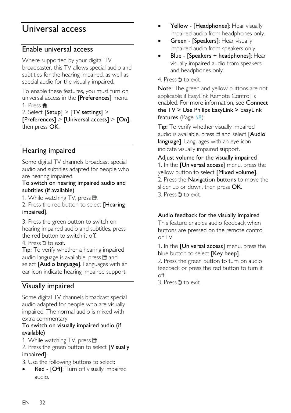 Universal access, Enable universal access, Hearing impaired | Visually impaired | Philips 40PFL7605H-12 User Manual | Page 33 / 74