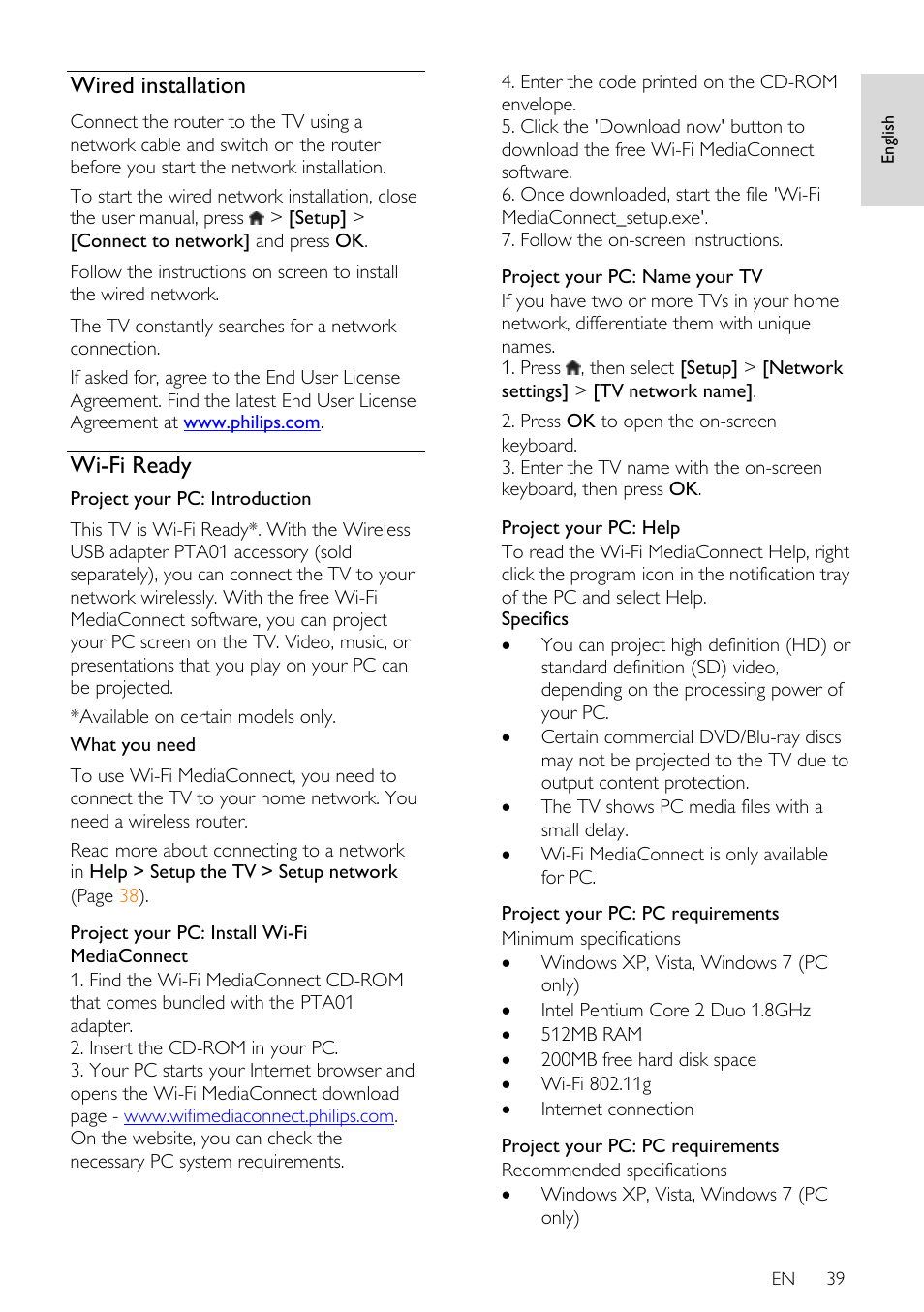 Wired installation, Wi-fi ready | Philips 40PFL7605H-12 User Manual | Page 40 / 74