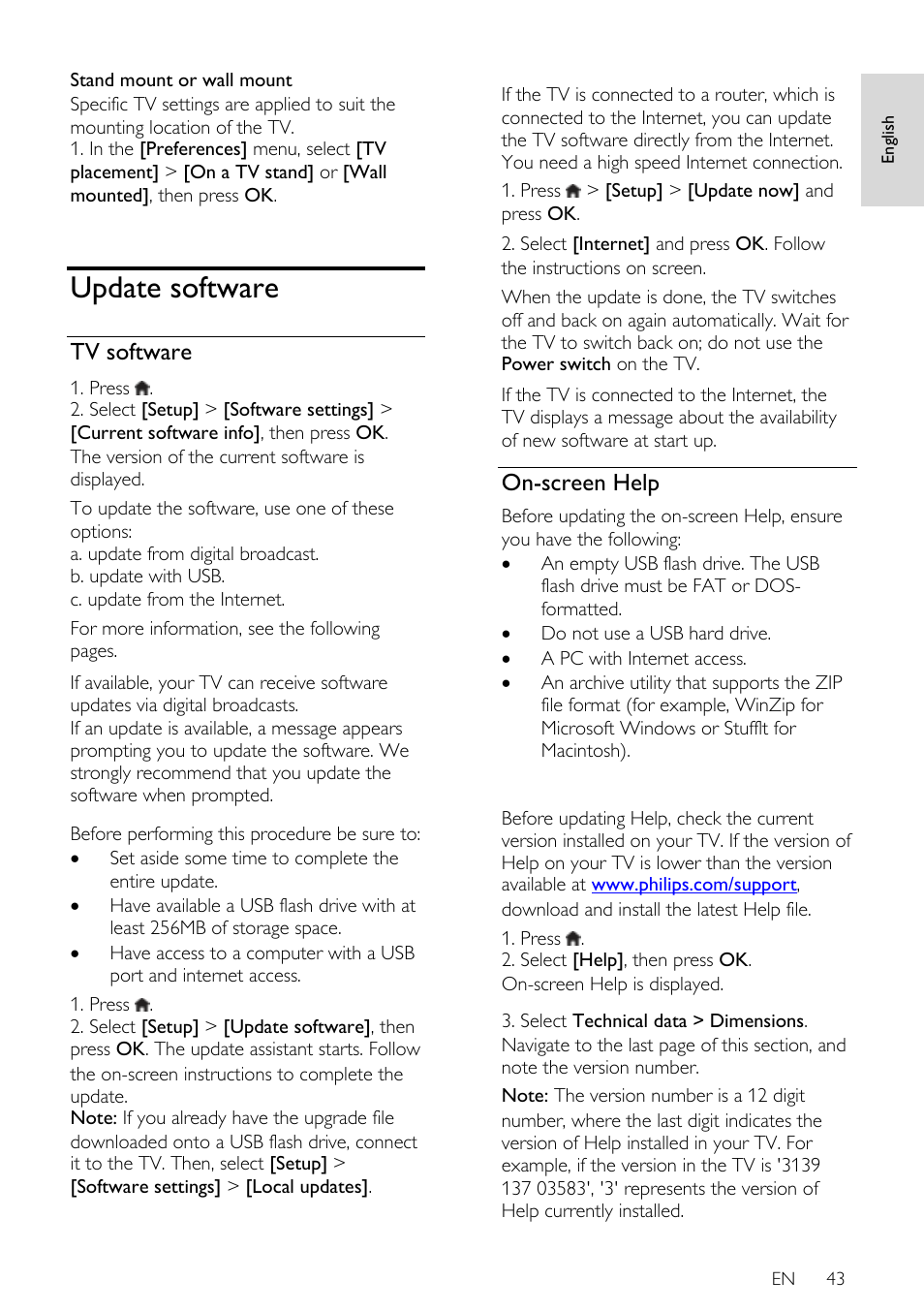 Update software, Tv software, On-screen help | Philips 40PFL7605H-12 User Manual | Page 44 / 74