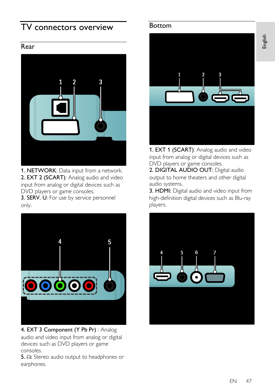 Tv connectors overview, Rear, Bottom | En 47, En glish | Philips 40PFL7605H-12 User Manual | Page 48 / 74