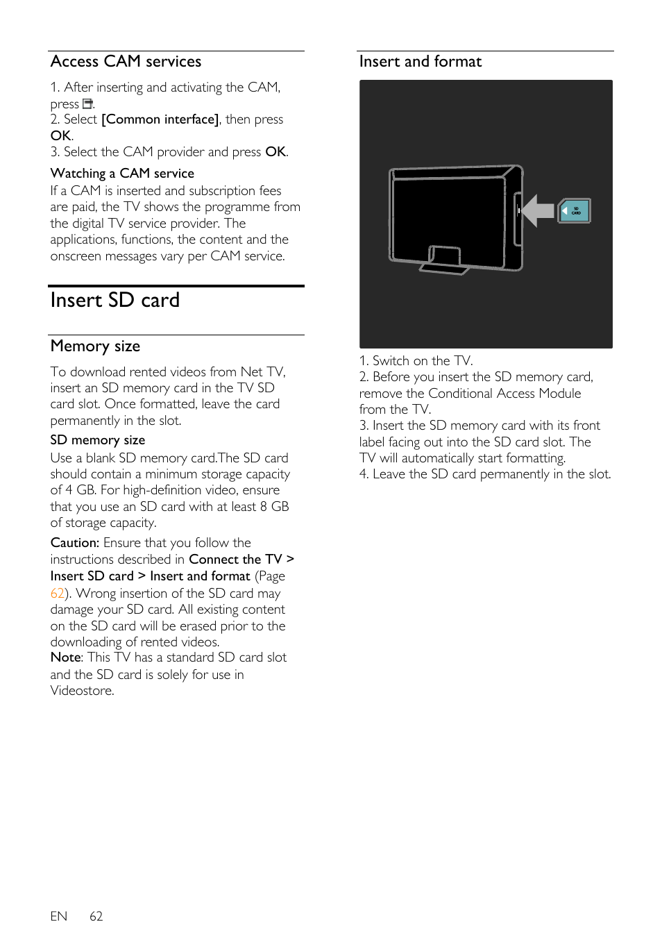 Access cam services, Insert sd card, Memory size | Insert and format, En 62 | Philips 40PFL7605H-12 User Manual | Page 63 / 74