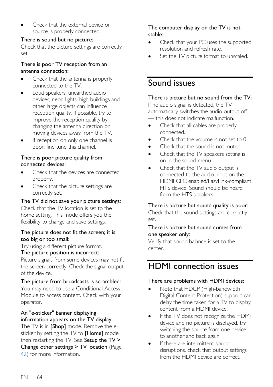 Sound issues, Hdmi connection issues | Philips 40PFL7605H-12 User Manual | Page 65 / 74