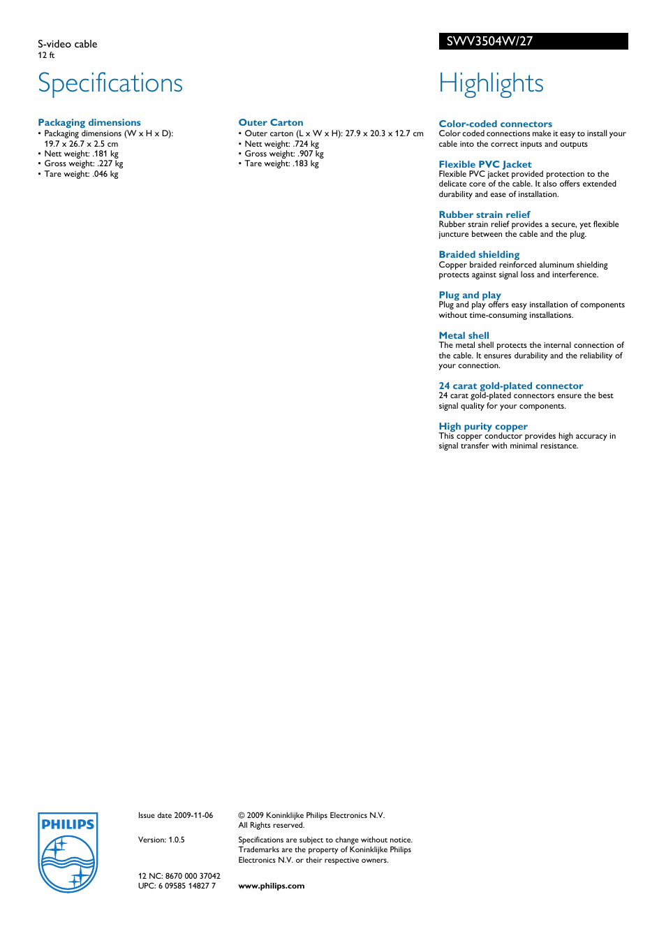 Specifications, Highlights | Philips SWV3504W-27 User Manual | Page 2 / 2