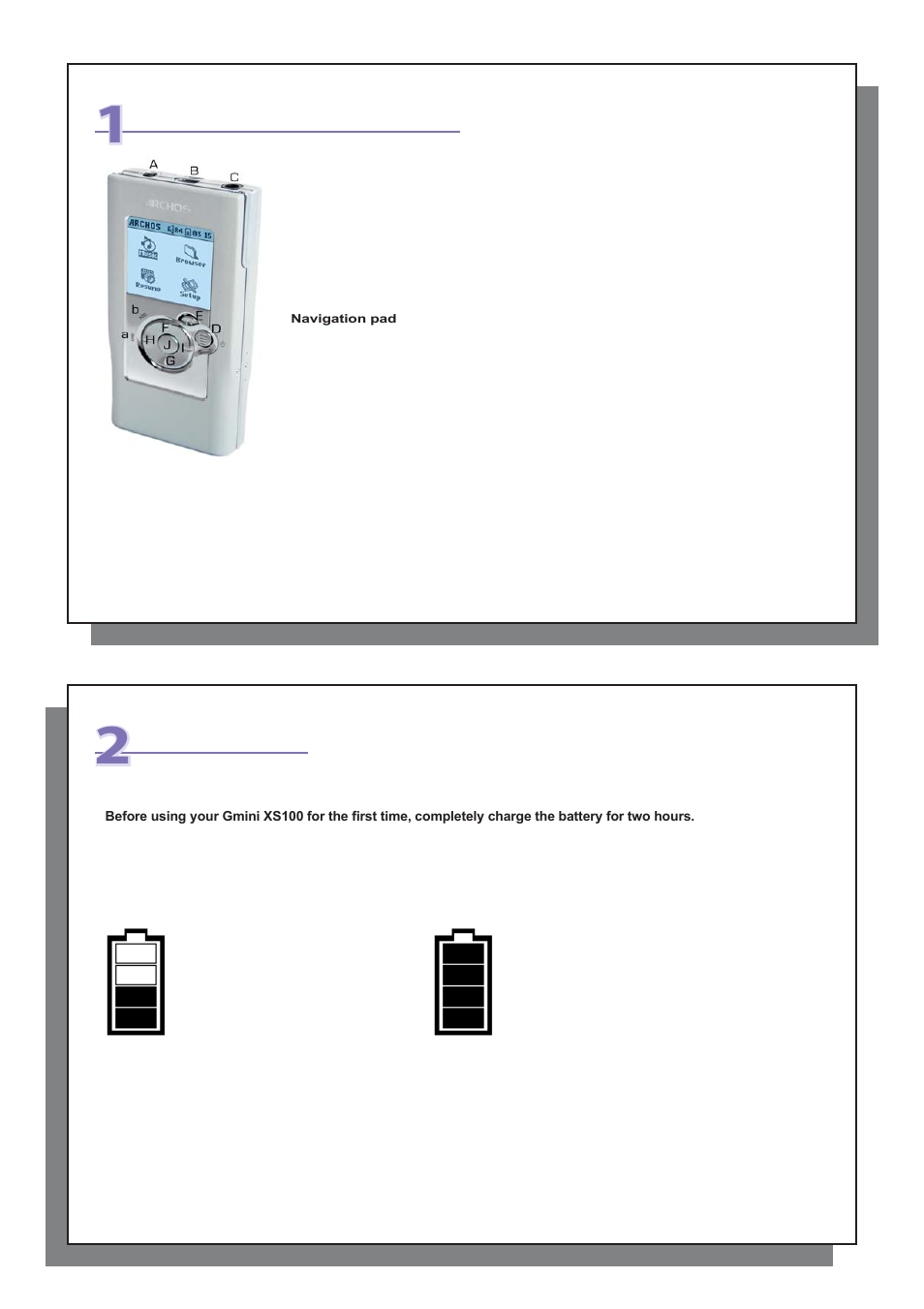 Ports, buttons, and connections, First time usage | ARCHOS Gmini XS100 User Manual | Page 3 / 26
