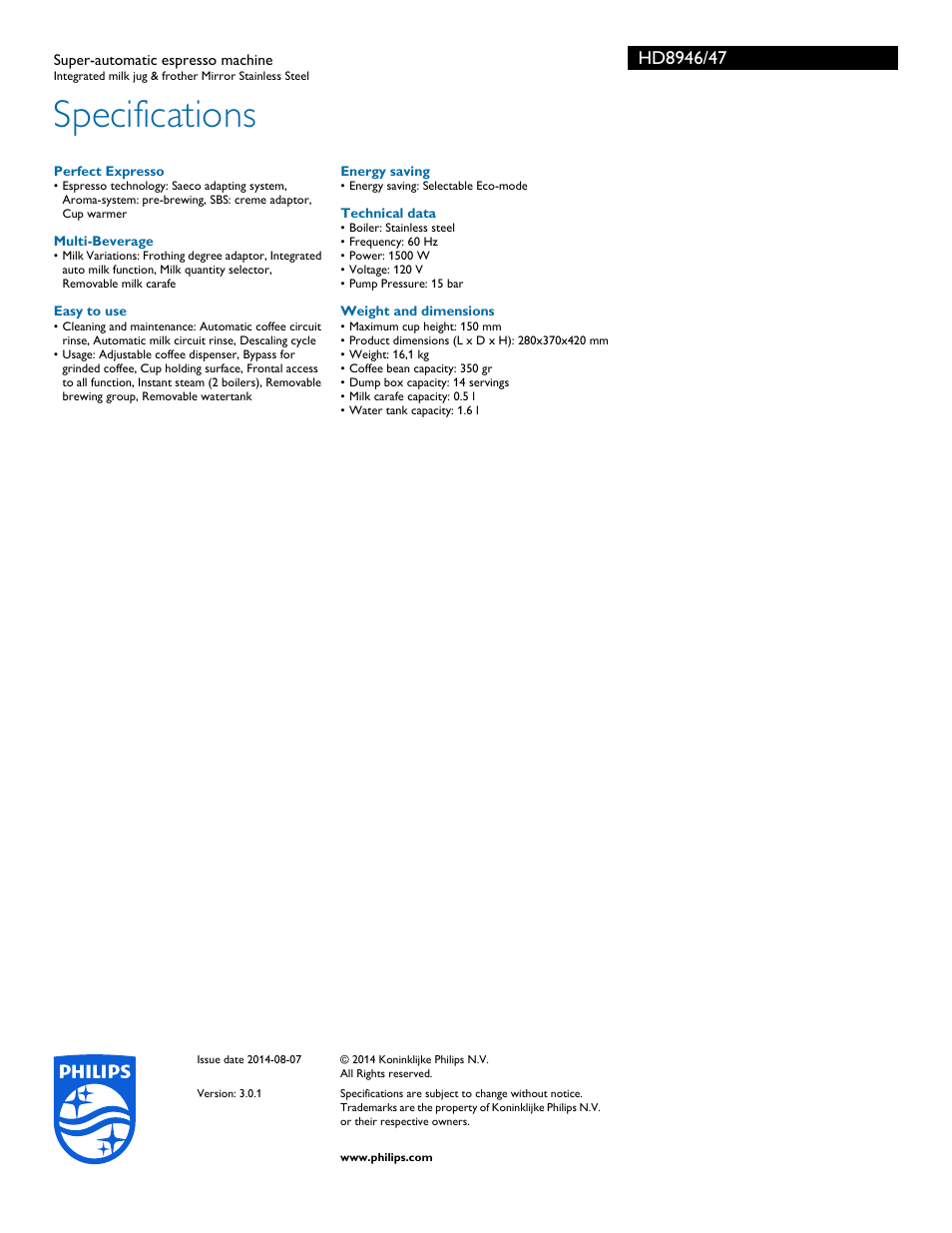 Specifications | Philips HD8946-47 User Manual | Page 3 / 3