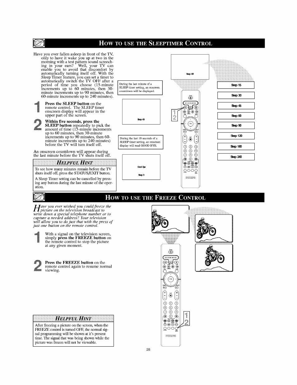 Press the sleep button on the, Press the freeze button on the, How to use the f | Philips 30PW8502-37 User Manual | Page 28 / 40