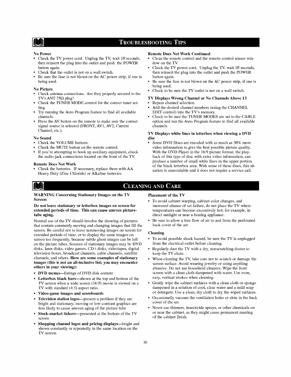 No power, No picture, No sound | Remote does not work, Remote does not work continued, Tv displays wrong channel or no channels above 13, Cleaning and care, Placement of the tv, Cleaning, Il t | Philips 30PW8502-37 User Manual | Page 36 / 40