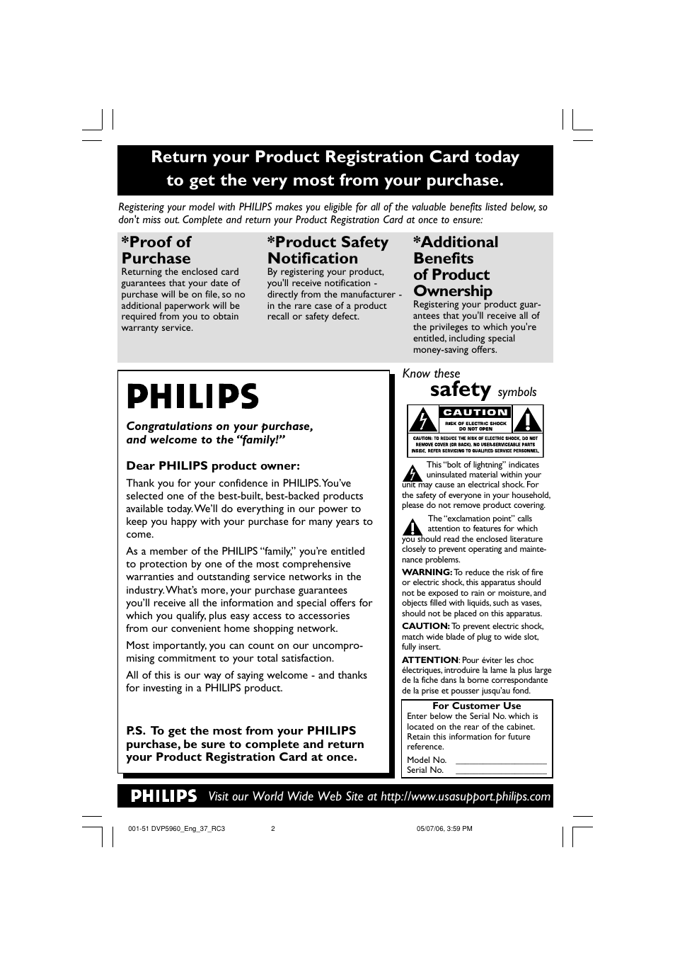 Safety, Proof of purchase, Product safety notification | Additional benefits of product ownership | Philips DVP5960-37B User Manual | Page 2 / 51