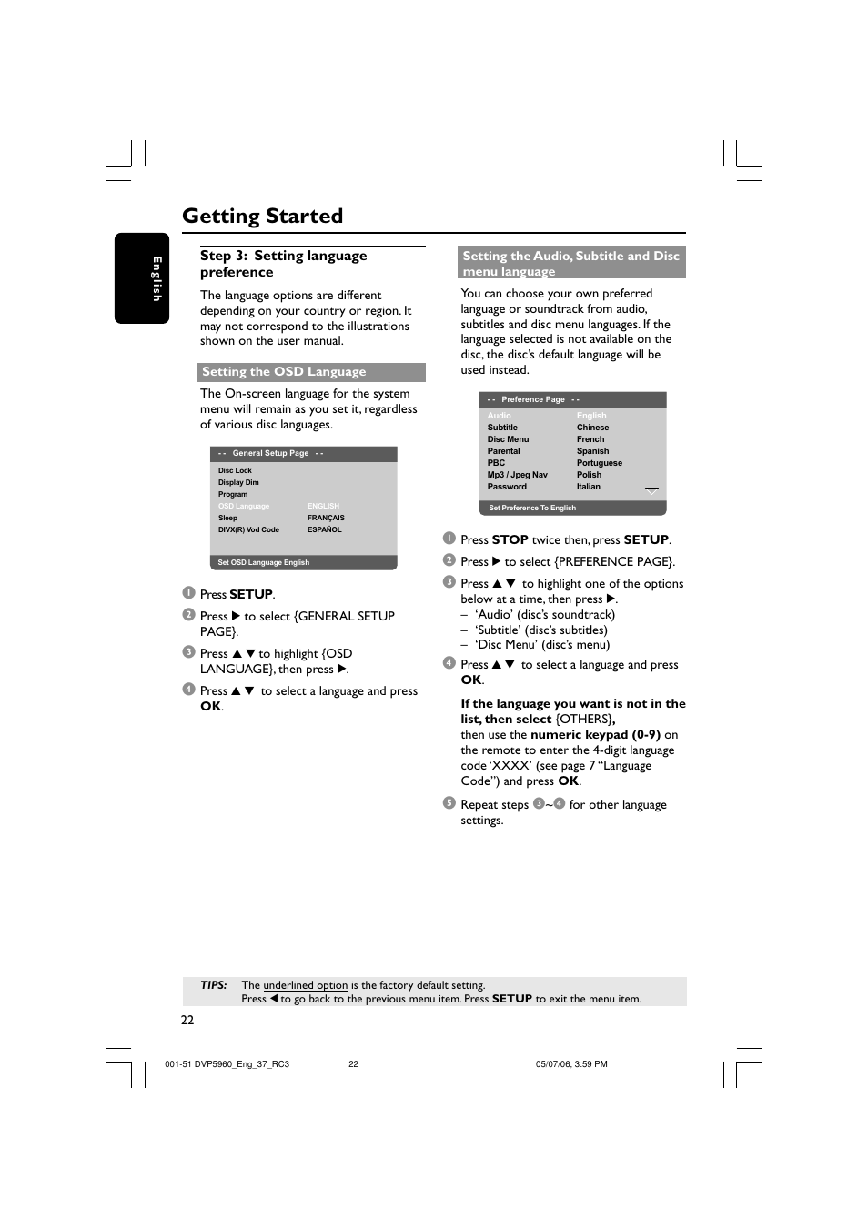 Getting started, Step 3: setting language preference | Philips DVP5960-37B User Manual | Page 22 / 51