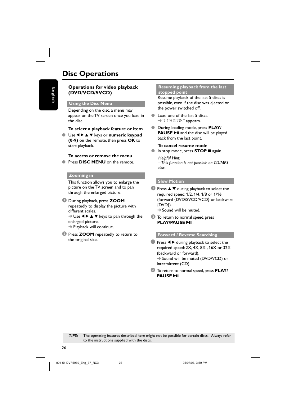 Disc operations | Philips DVP5960-37B User Manual | Page 26 / 51