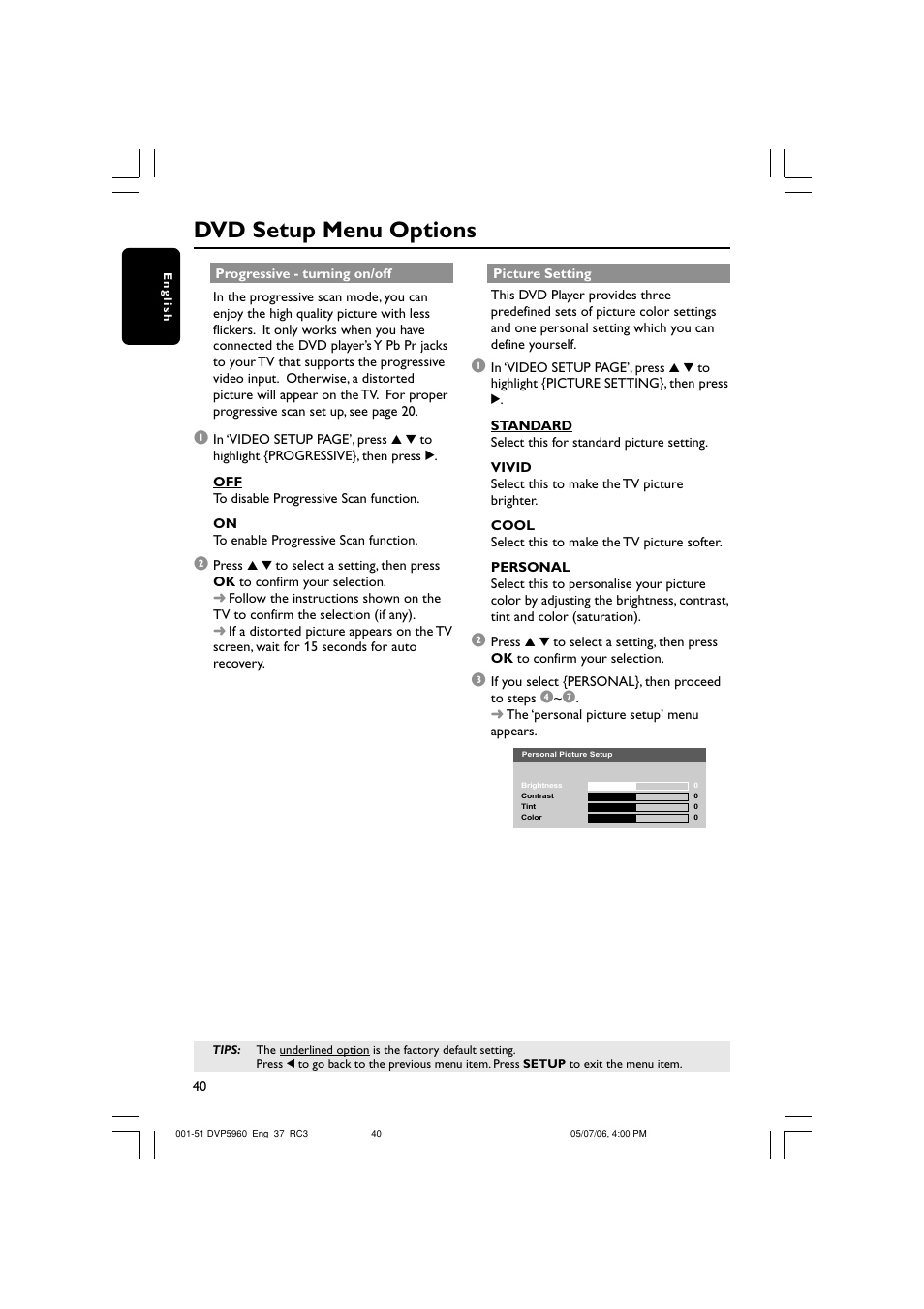 Dvd setup menu options | Philips DVP5960-37B User Manual | Page 40 / 51