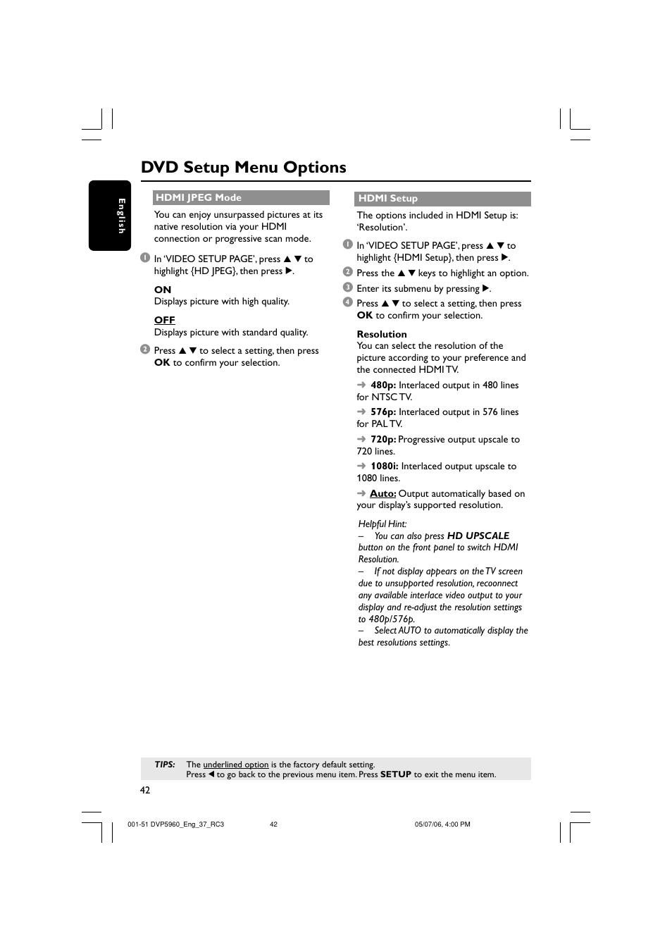 Dvd setup menu options | Philips DVP5960-37B User Manual | Page 42 / 51