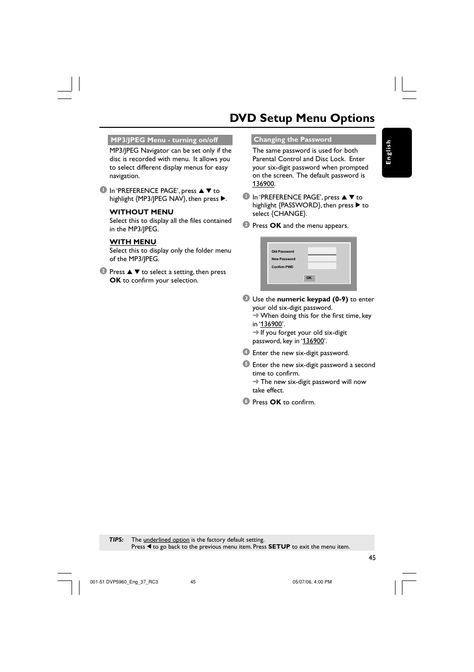 Dvd setup menu options | Philips DVP5960-37B User Manual | Page 45 / 51