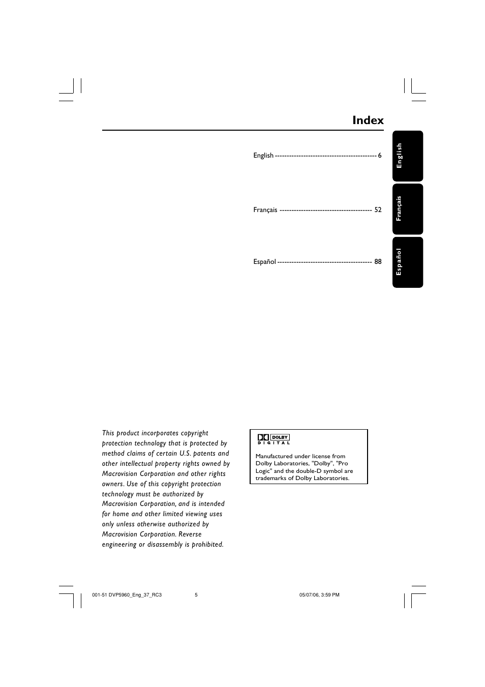 Index | Philips DVP5960-37B User Manual | Page 5 / 51