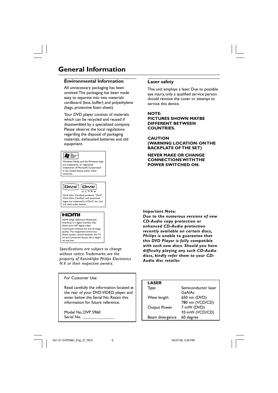 General information, Laser safety, Environmental information | Philips DVP5960-37B User Manual | Page 6 / 51