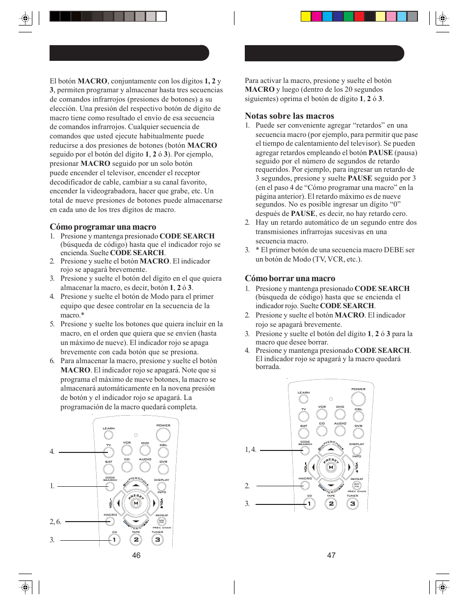 Macros, cont. macros, Notas sobre las macros, Cómo borrar una macro | Cómo programar una macro | Philips US2-PMDVR8W User Manual | Page 24 / 39