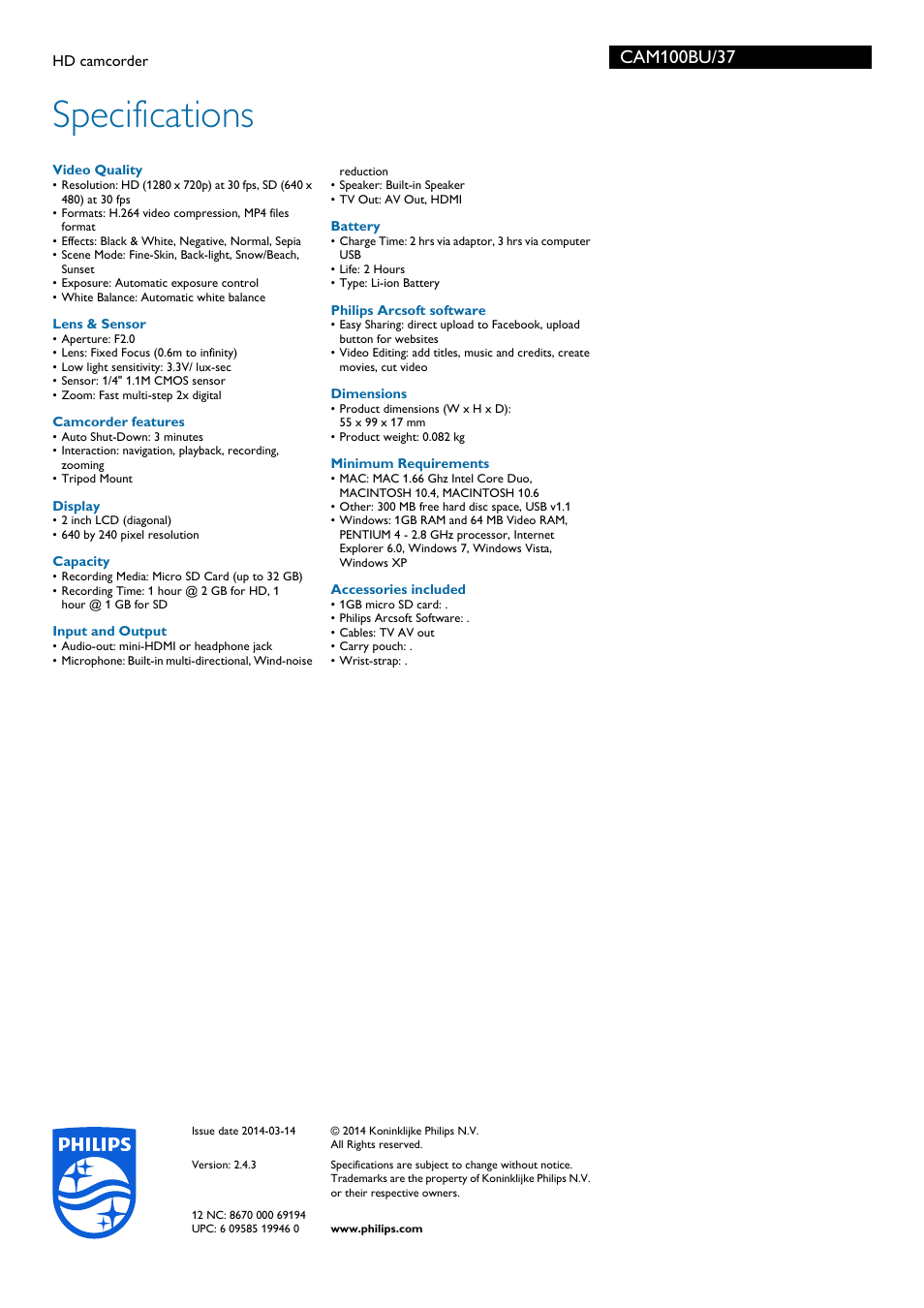 Specifications | Philips CAM100BU-37 User Manual | Page 3 / 3