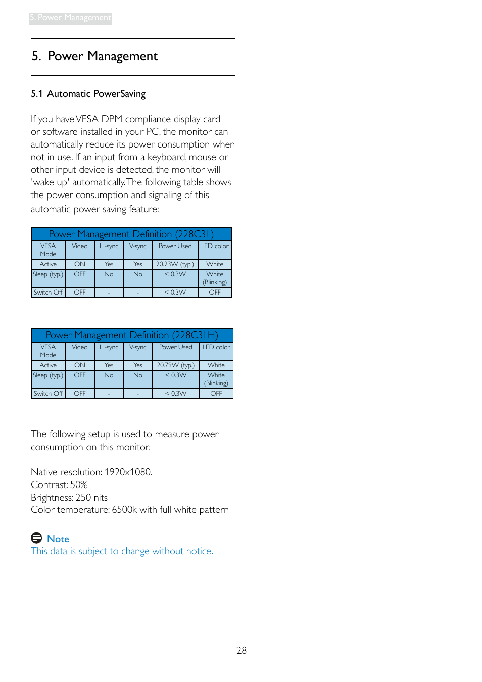 Power management, Power management definition (228c3lh) | Philips 228C3LHSB-00 User Manual | Page 30 / 48