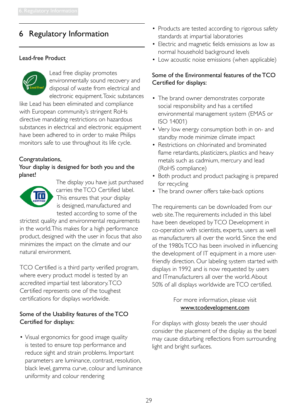 6 regulatory information | Philips 228C3LHSB-00 User Manual | Page 31 / 48