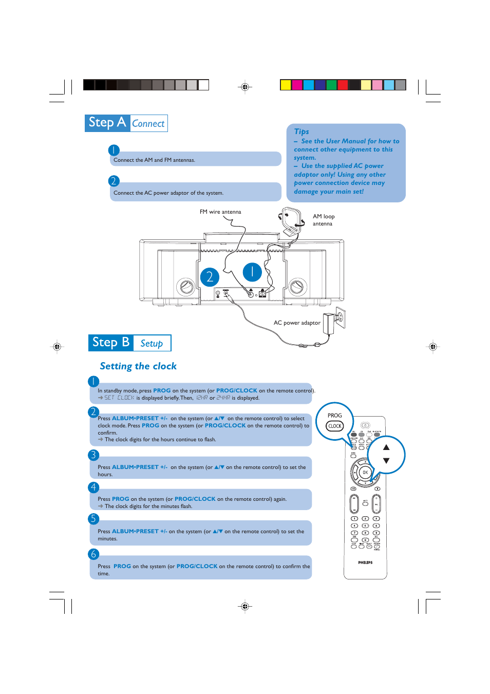 Setting the clock 1 2 3 | Philips BTM630-37B User Manual | Page 2 / 4