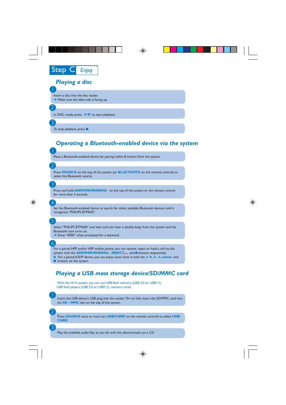 Playing a disc 1 2 3, Playing a usb mass storage device/sd/mmc card, Enjoy | Philips BTM630-37B User Manual | Page 3 / 4