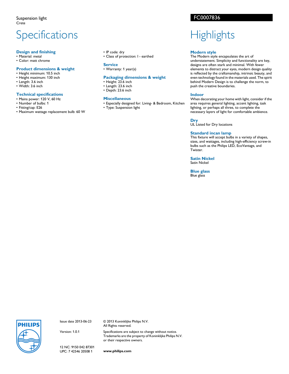 Specifications, Highlights | Philips FC0007836 User Manual | Page 2 / 2