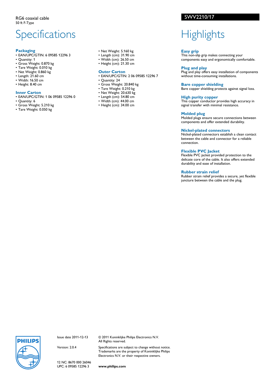 Specifications, Highlights | Philips SWV2210-17 User Manual | Page 2 / 2