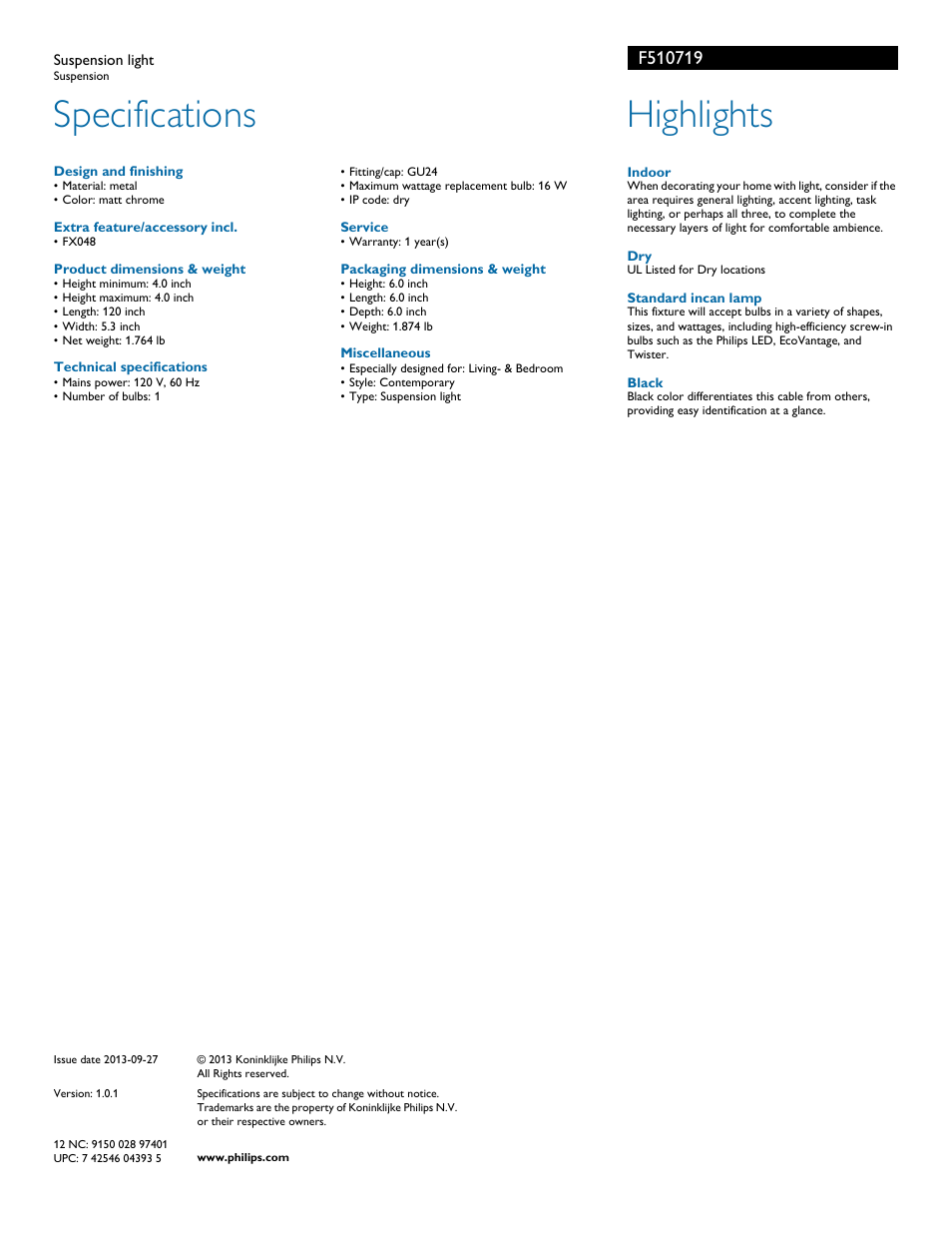 Specifications, Highlights | Philips F510719 User Manual | Page 2 / 2