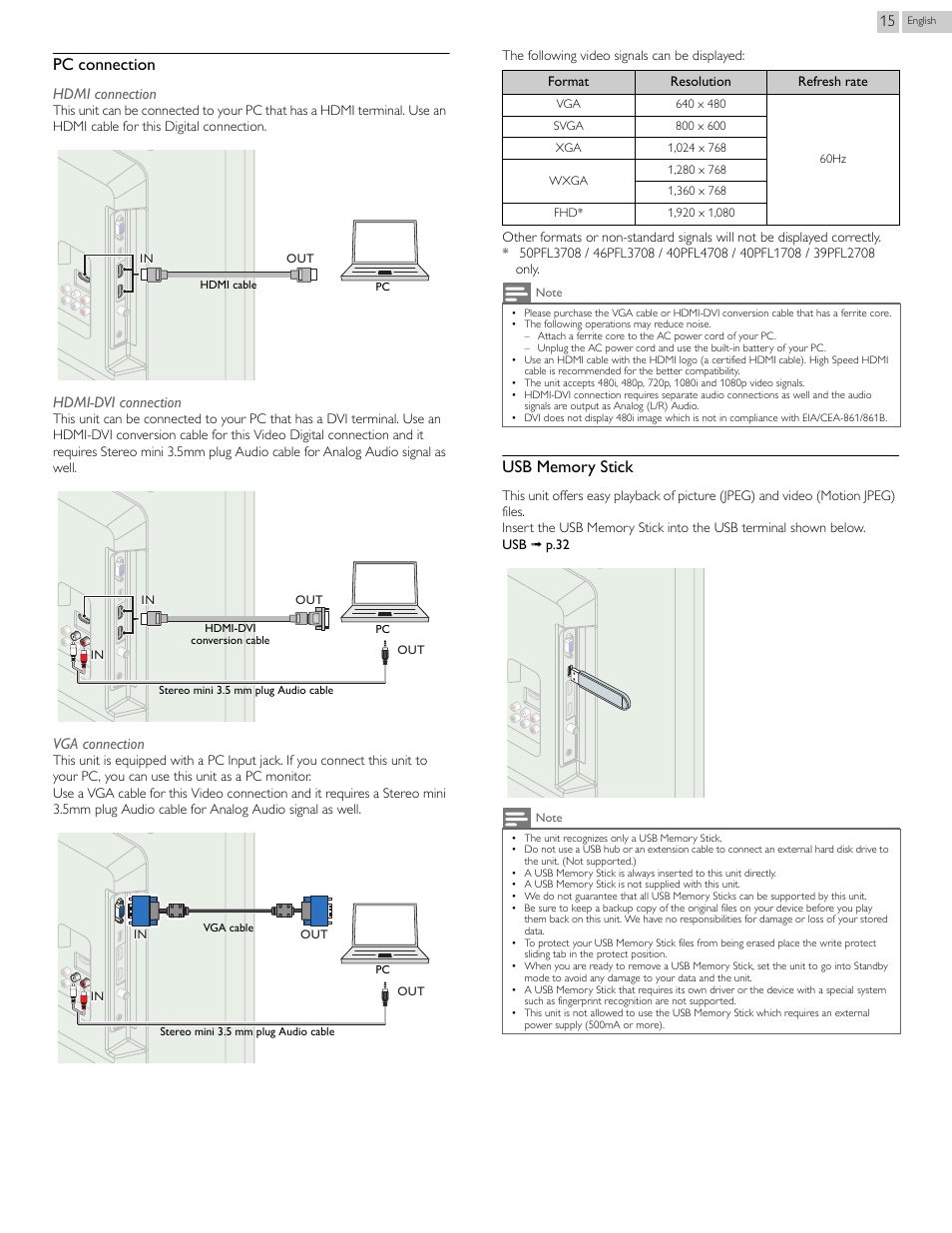 Pc connection | Philips 46PFL3708-F7 User Manual | Page 15 / 39