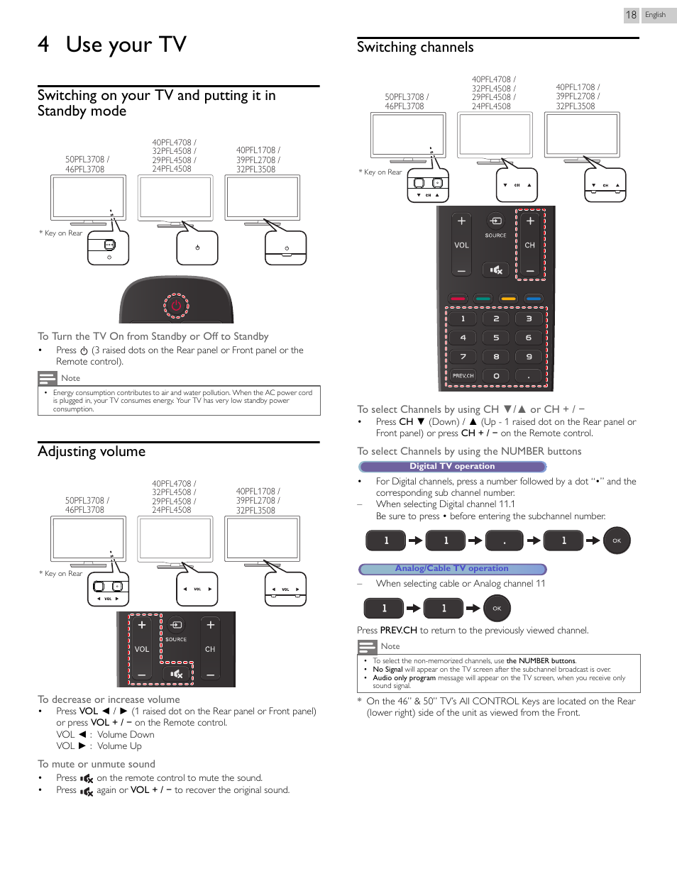 4 use your tv, Adjusting volume, Switching channels | Philips 46PFL3708-F7 User Manual | Page 18 / 39