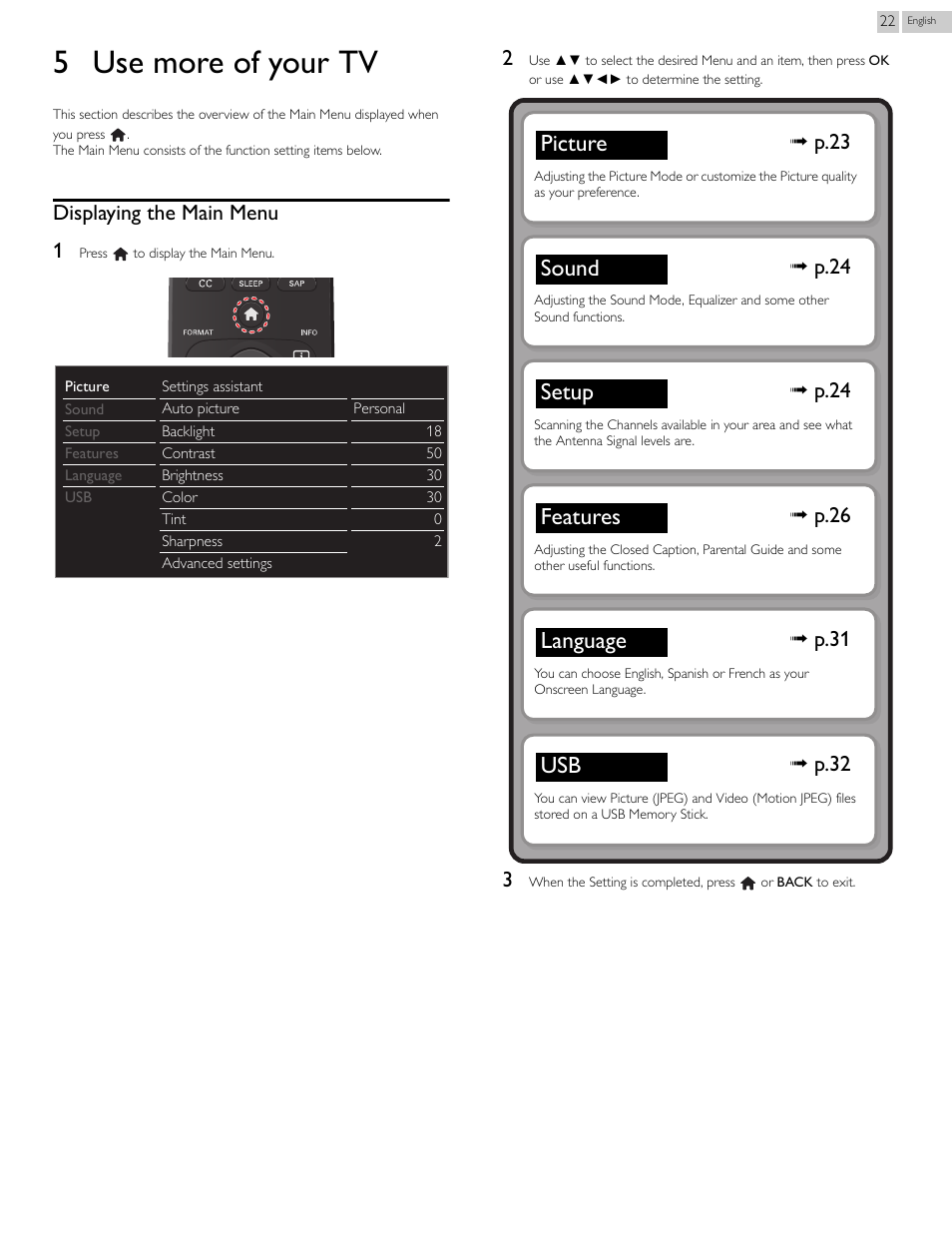 5 use more of your tv, Displaying the main menu, Picture sound setup features language usb | Displaying the main menu 1, P.23, P.24, P.26, P.31, P.32 | Philips 46PFL3708-F7 User Manual | Page 22 / 39