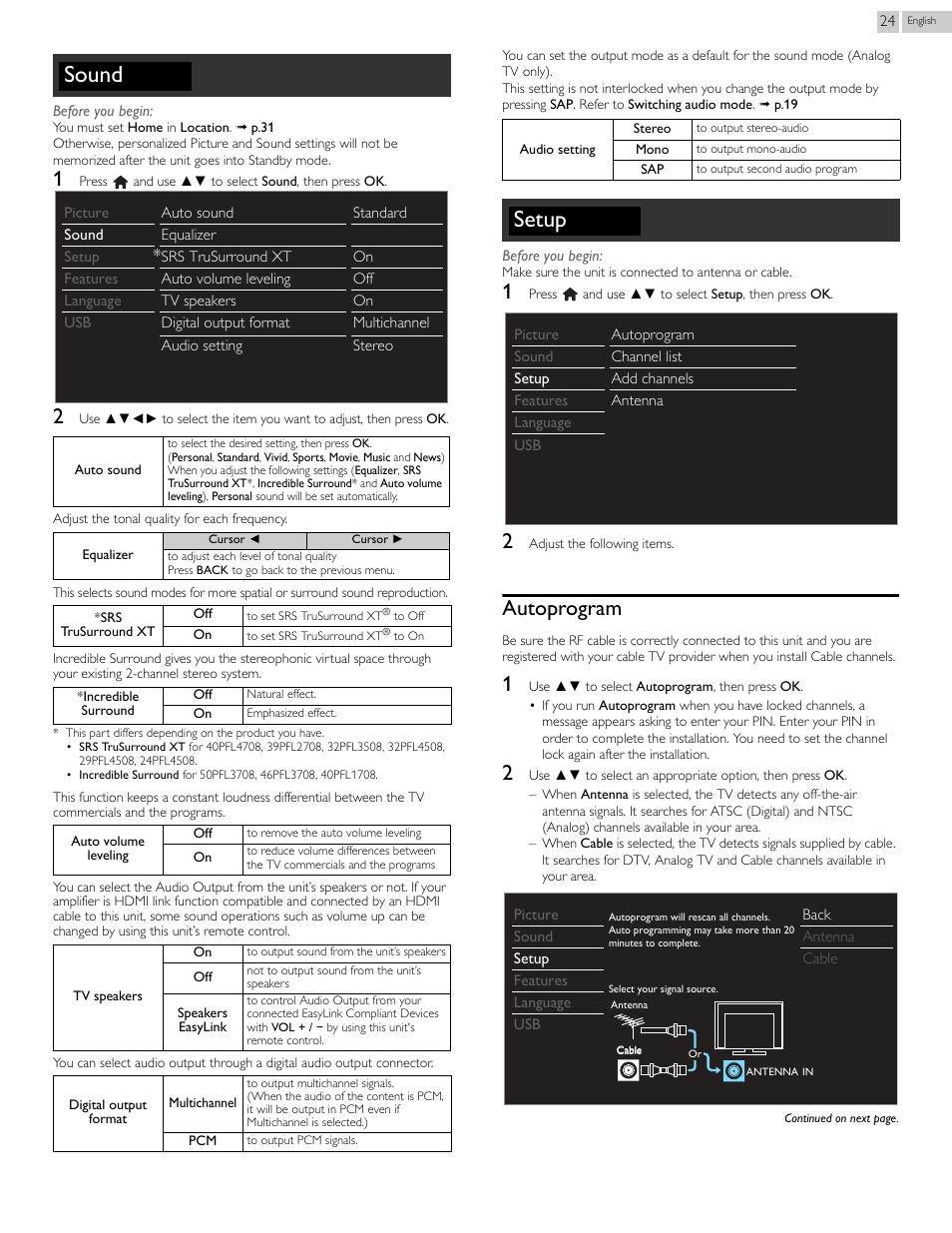 P.24, Sound, Setup | Autoprogram | Philips 46PFL3708-F7 User Manual | Page 24 / 39