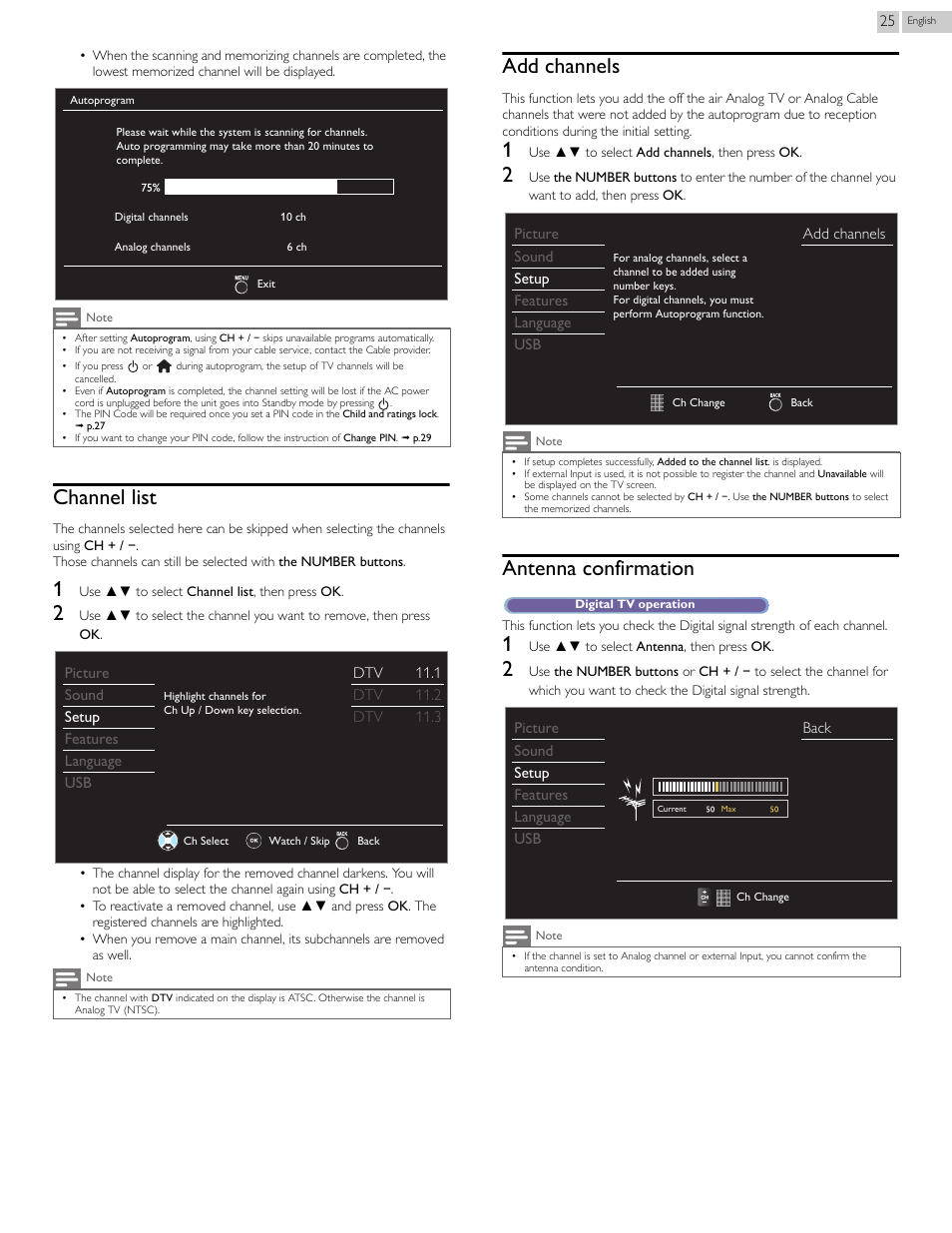 P.25, Channel list, Add channels | Antenna confirmation | Philips 46PFL3708-F7 User Manual | Page 25 / 39