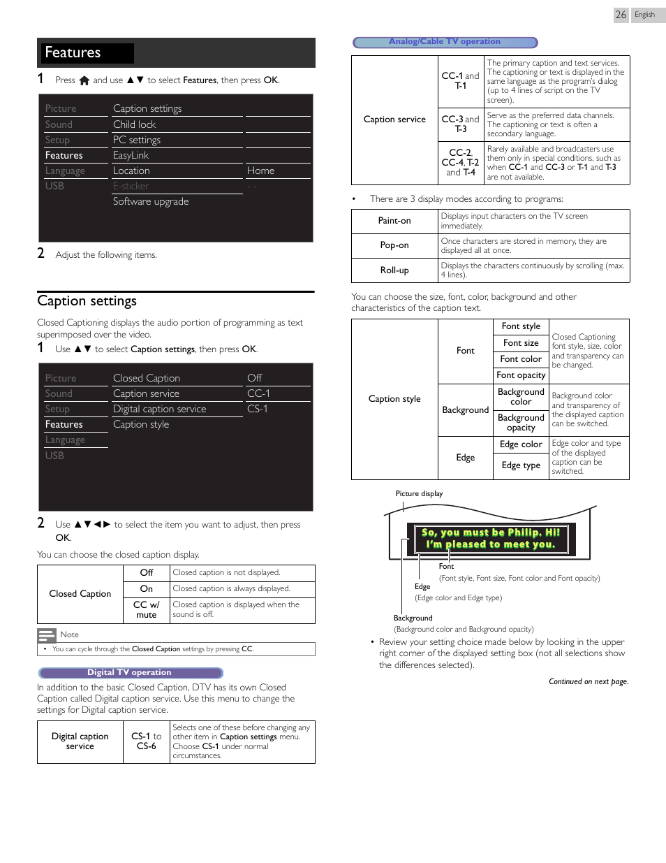 Caption settings, P.26, Features | Philips 46PFL3708-F7 User Manual | Page 26 / 39