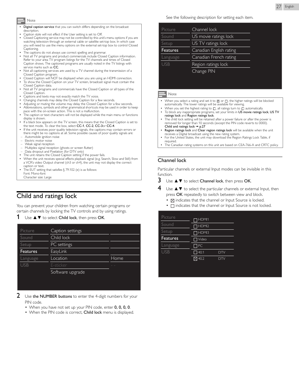 Child and ratings lock, P.27, De in the child and ratings lock | Channel lock | Philips 46PFL3708-F7 User Manual | Page 27 / 39