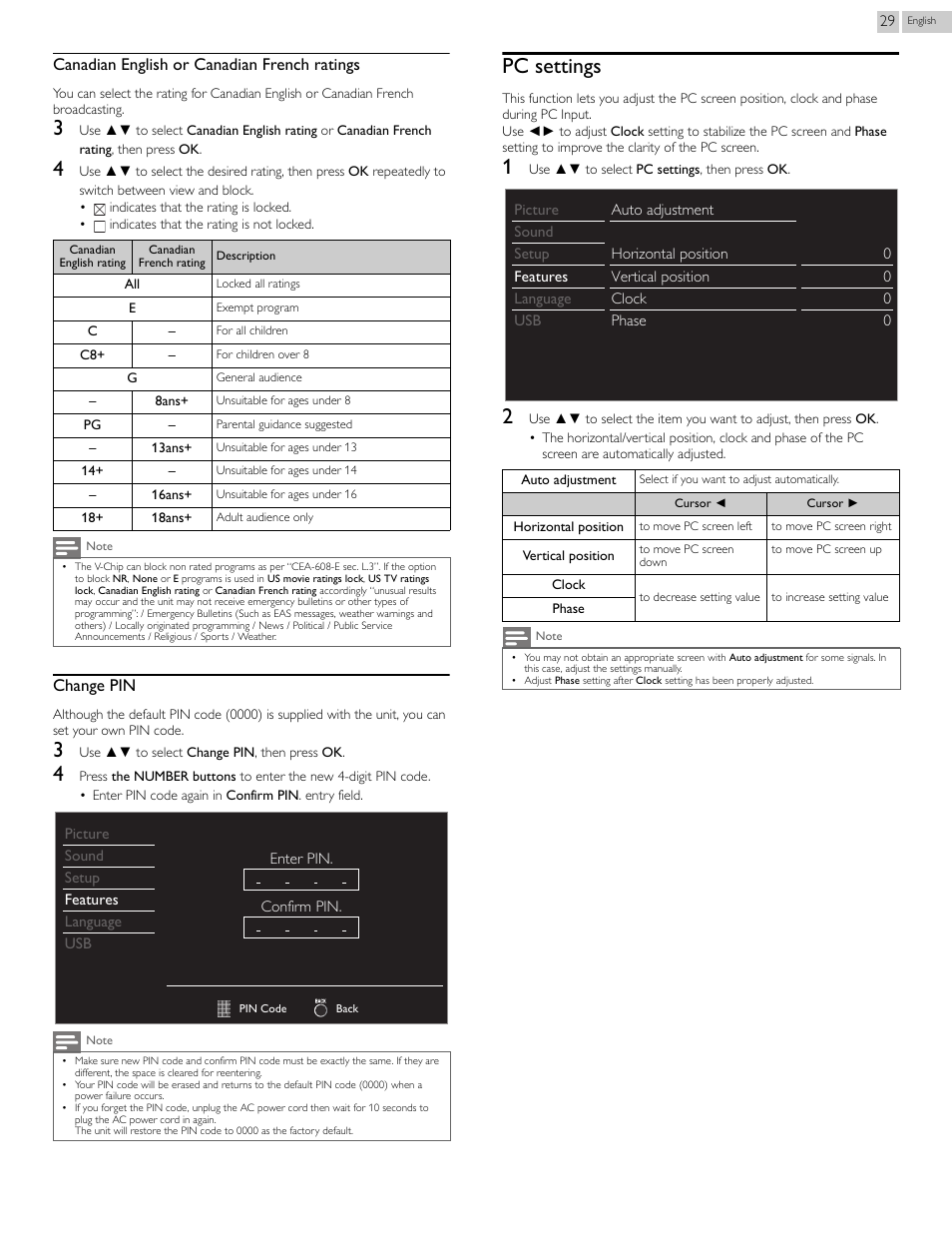 P.29, Pc settings, Canadian english or canadian french ratings | Change pin | Philips 46PFL3708-F7 User Manual | Page 29 / 39