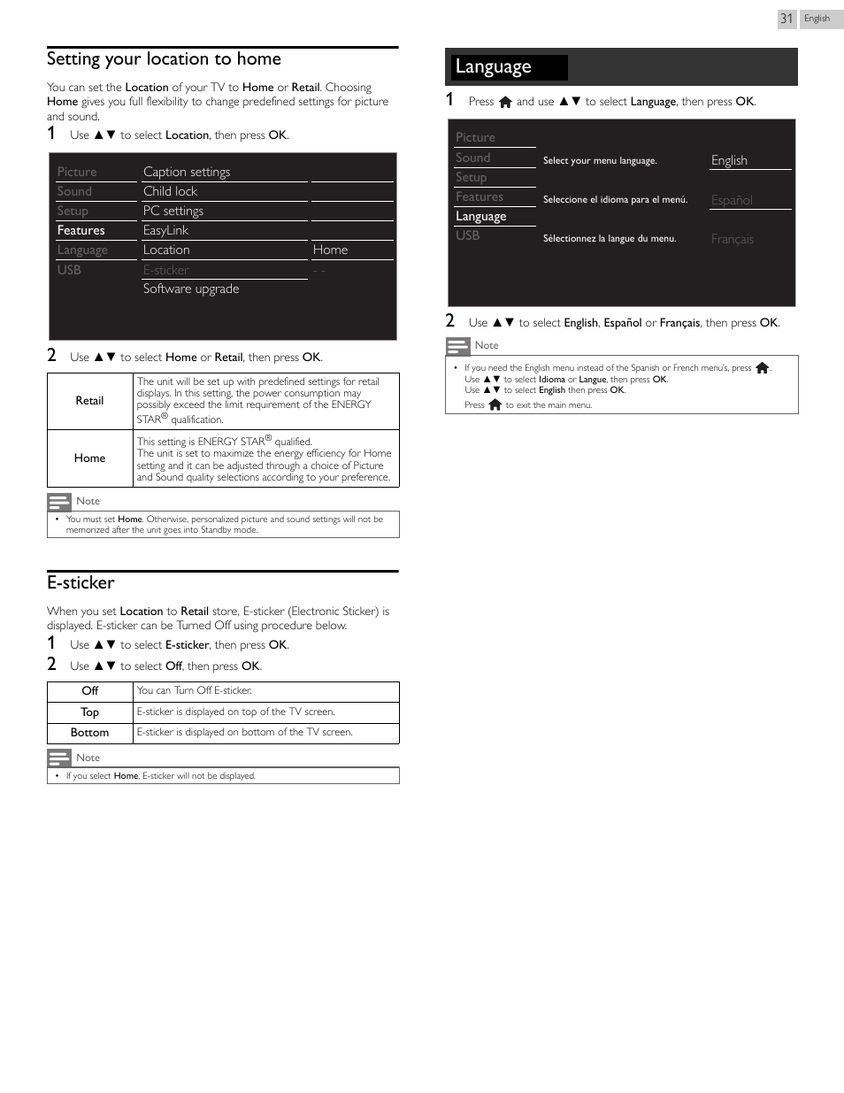 P.31, Language, Setting your location to home | E-sticker | Philips 46PFL3708-F7 User Manual | Page 31 / 39